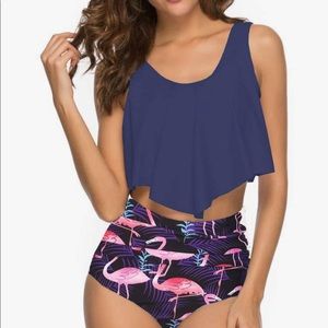 Navy/flamingo highwaisted ruffled bathing suit